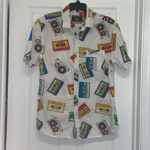 Amongst Others Vintage Inspired Cassette Tape Multicolred Button Down Shirt - Picture 1 of 7